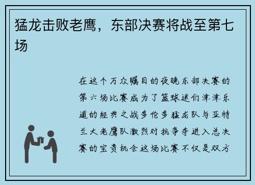 猛龙击败老鹰，东部决赛将战至第七场